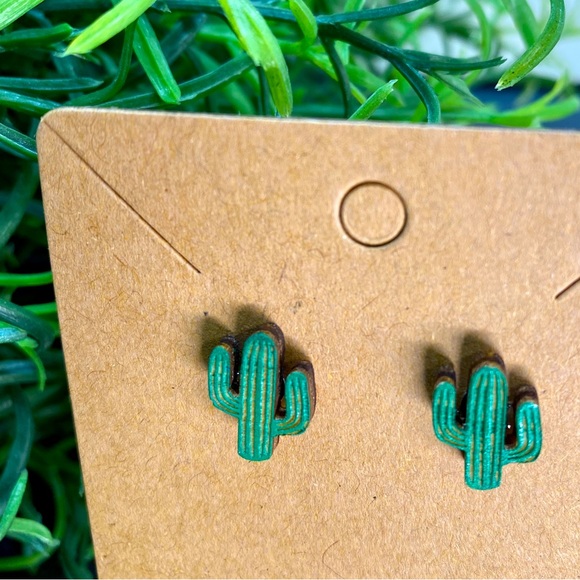 Hand Painted Saguaro Cactus Wood Stud Earrings - Picture 1 of 1